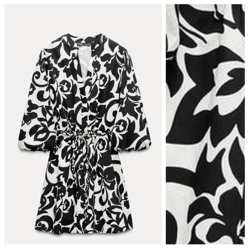 $89 NWT Zara Black/White Printed Poplin Short Dress L